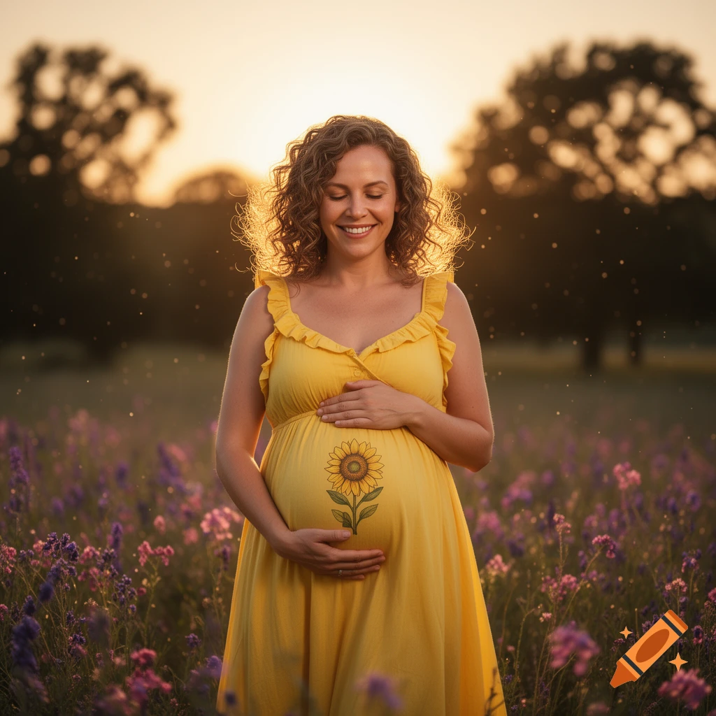 A smiling pregnant woman with curly hair, wearing a yellow dress, holds her belly with a sunflower drawing, in a field at sunset.