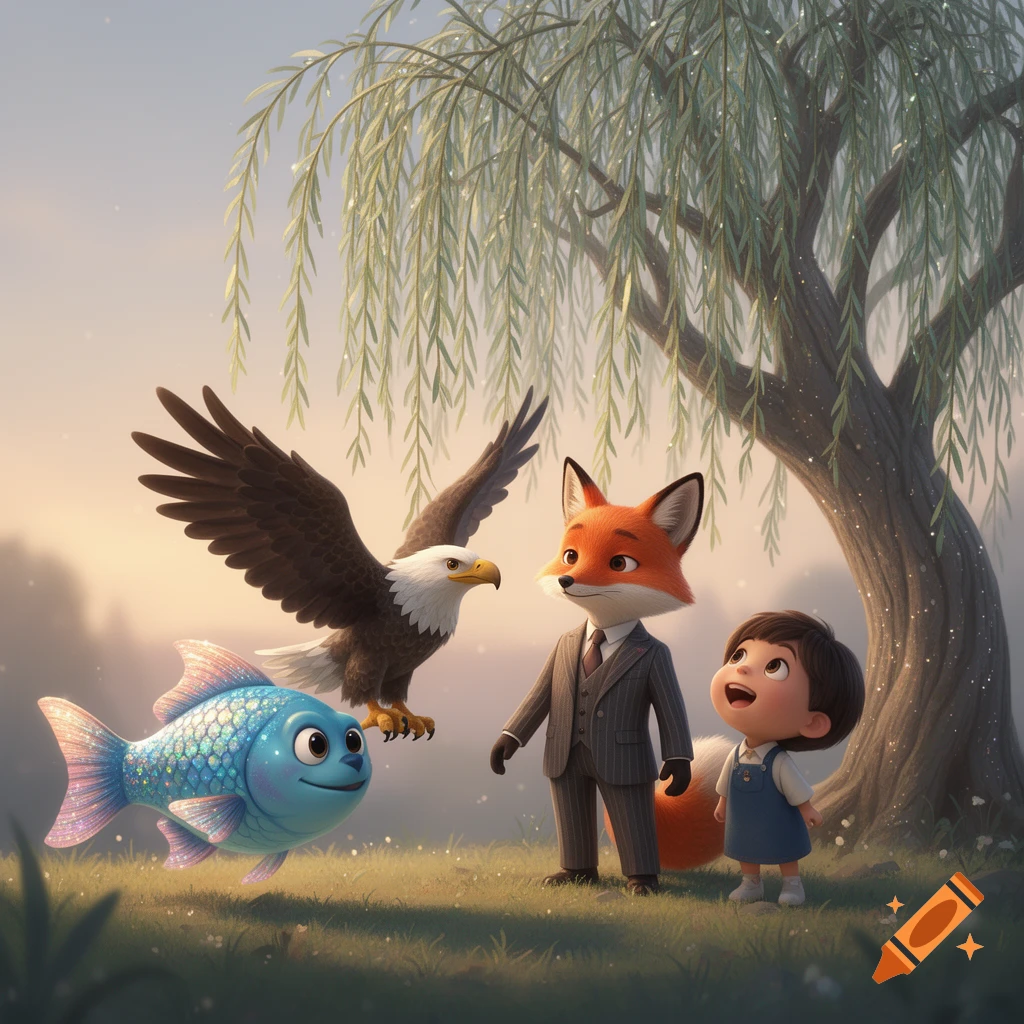A whimsical 3D illustration of a blue fish, bald eagle, fox in a suit, and child under a willow tree in a soft, dreamy field.