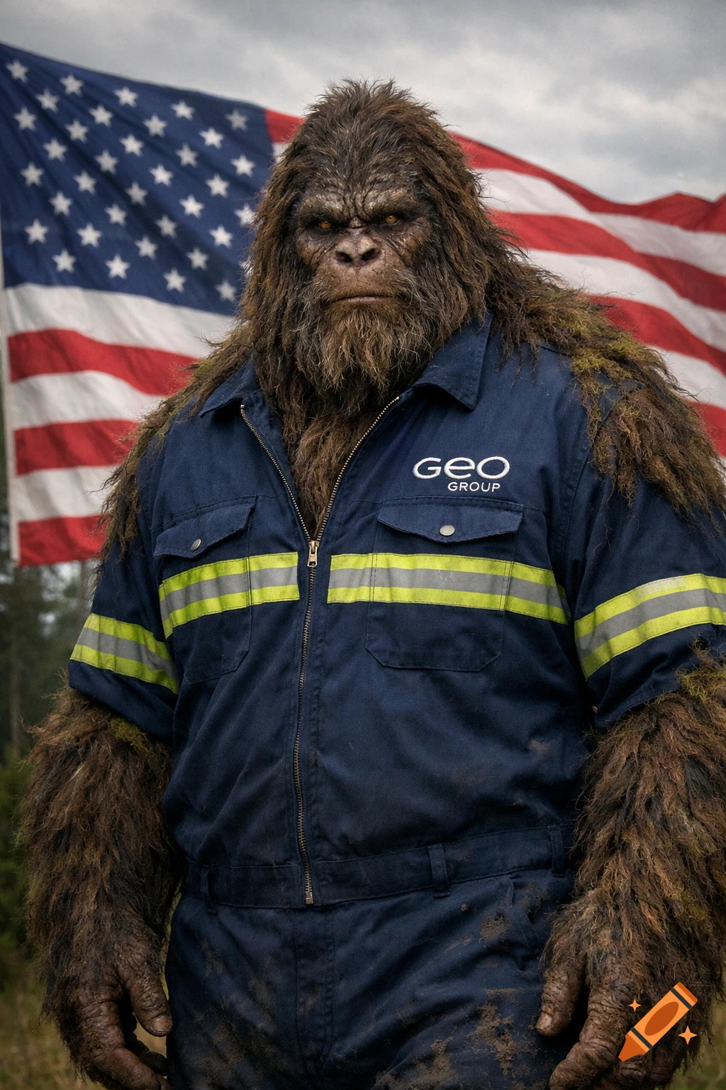Photorealistic Sasquatch in a navy blue maintenance uniform with reflective stripes, standing before a large American flag.