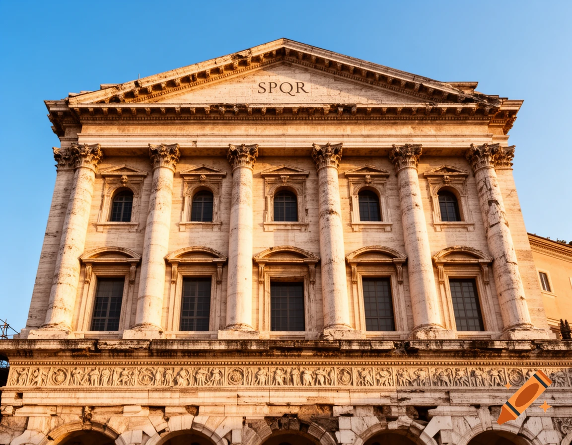 Grand ancient Roman building facade with columns, arches, intricate carvings, and 'SPQR' on the pediment against a clear blue sky.