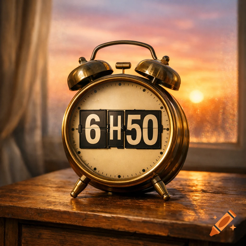 A close-up, photorealistic image of an old brass alarm clock on a wooden table, displaying '6 H 50' with a vibrant sunrise out a window in the background.