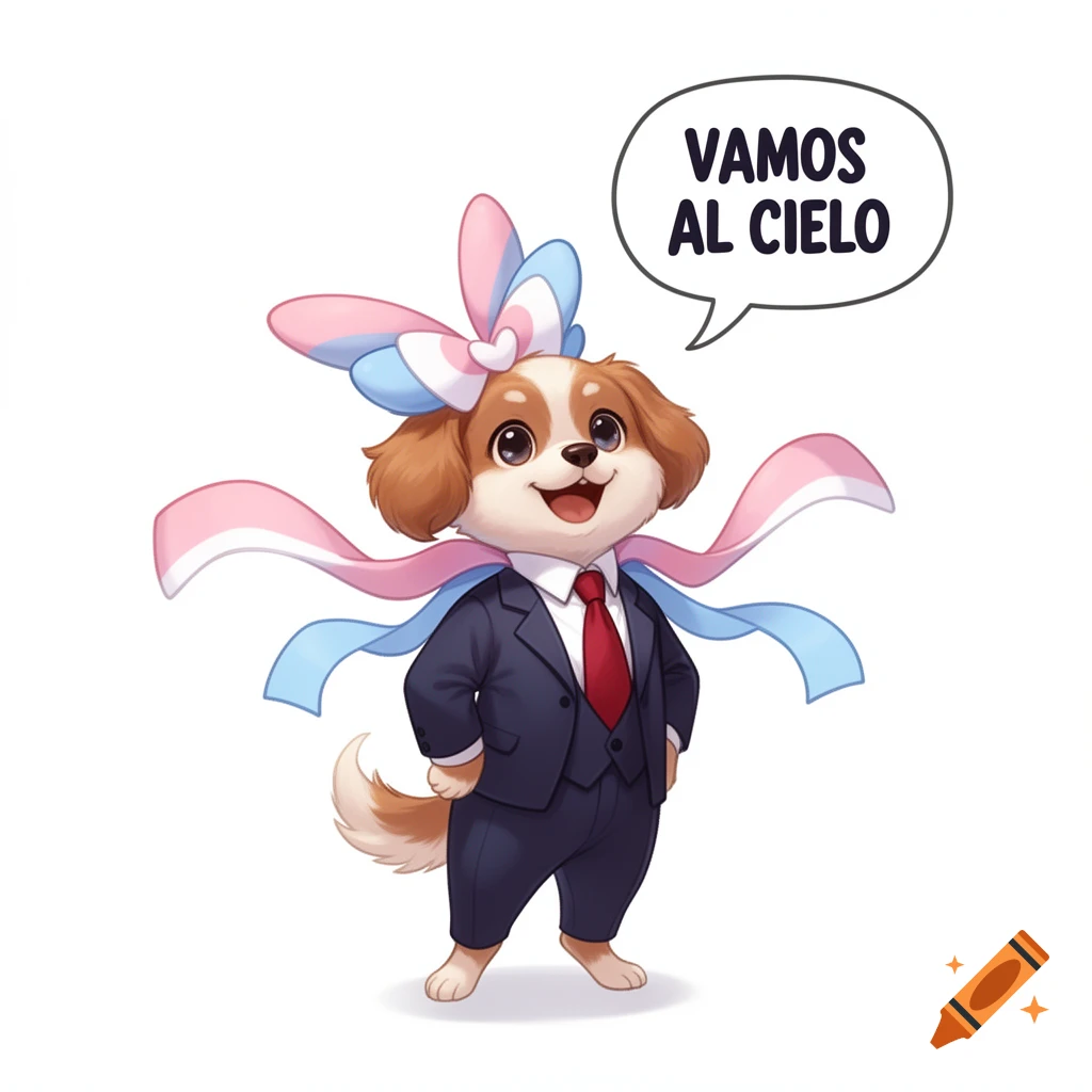 Smiling cartoon dog in a dark suit, red tie, and pink and blue Sylveon-like bow and ribbons, saying "VAMOS AL CIELO" in a speech bubble.