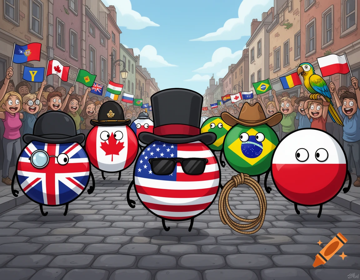 Cartoon countryballs, including USA, UK, Canada, Brazil, and Poland, parade down a cobblestone street. A cheering crowd holds various flags.
