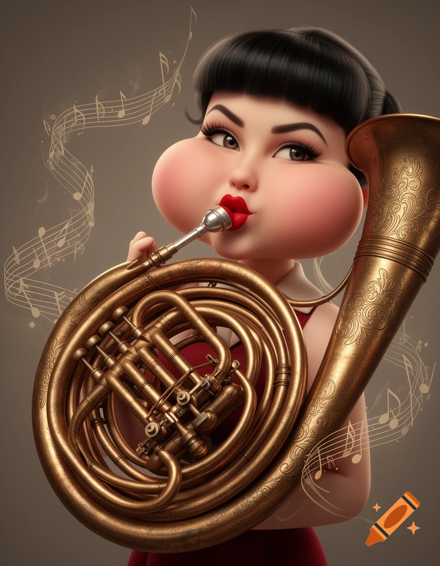 A stylized 3D cartoon woman with puffy cheeks and red lips plays a large, ornate bronze French horn, with musical notes floating in the background.