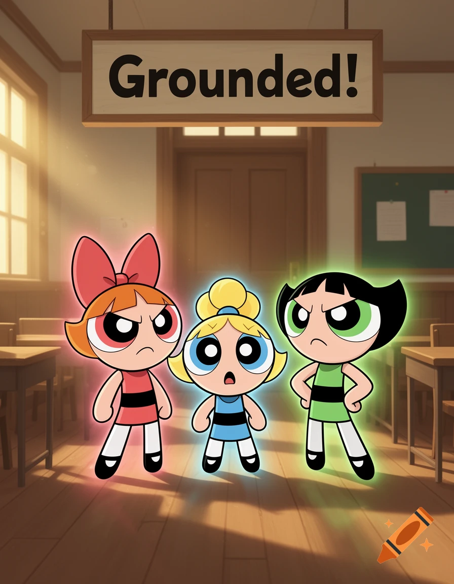 The Powerpuff Girls, Blossom, Bubbles, and Buttercup, look angry and sad under a "Grounded!" sign in a classroom.