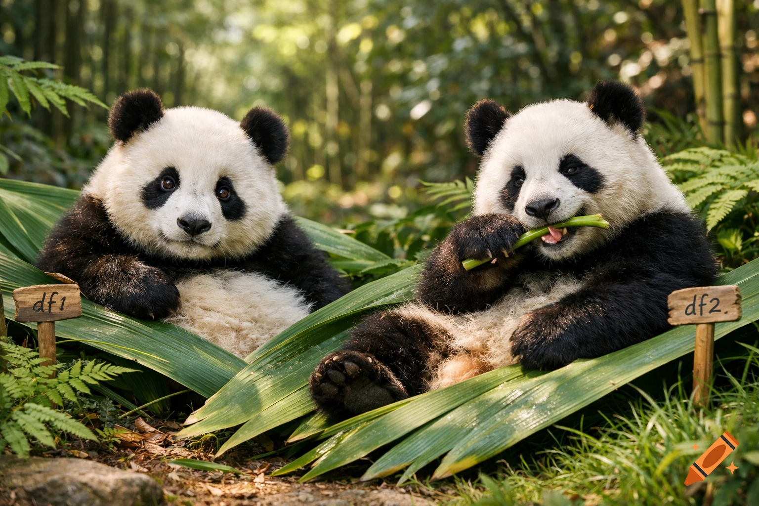 Two adorable baby pandas lounge on large green leaves in a forest, one looking forward, the other eating bamboo.