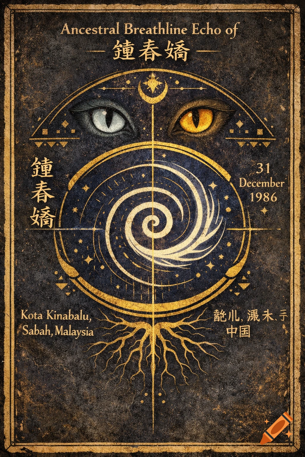 An ancient-looking dark indigo and gold glyph with two distinct eyes, a central spiral, rooted patterns, and various text elements, enclosed in a rectangular border.