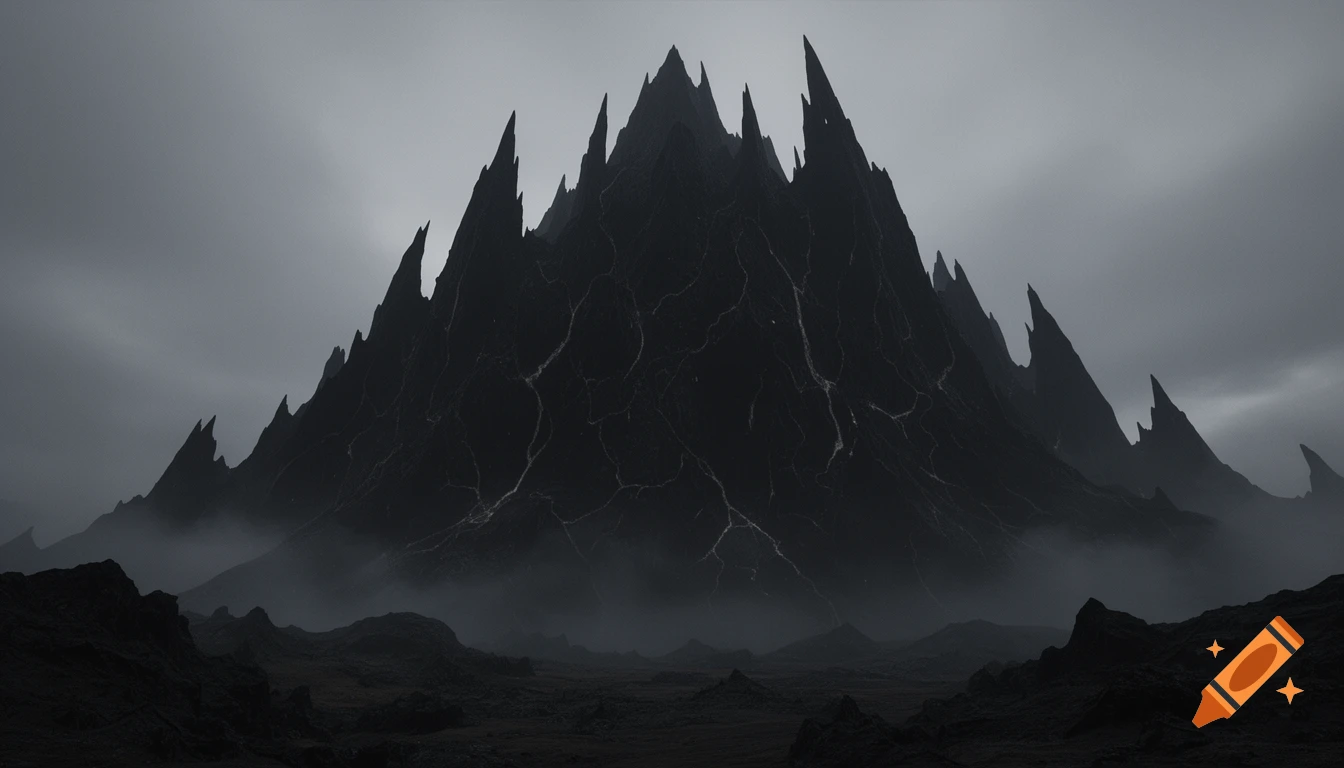 Dark, jagged, towering mountain range shrouded in mist under an ominous ...