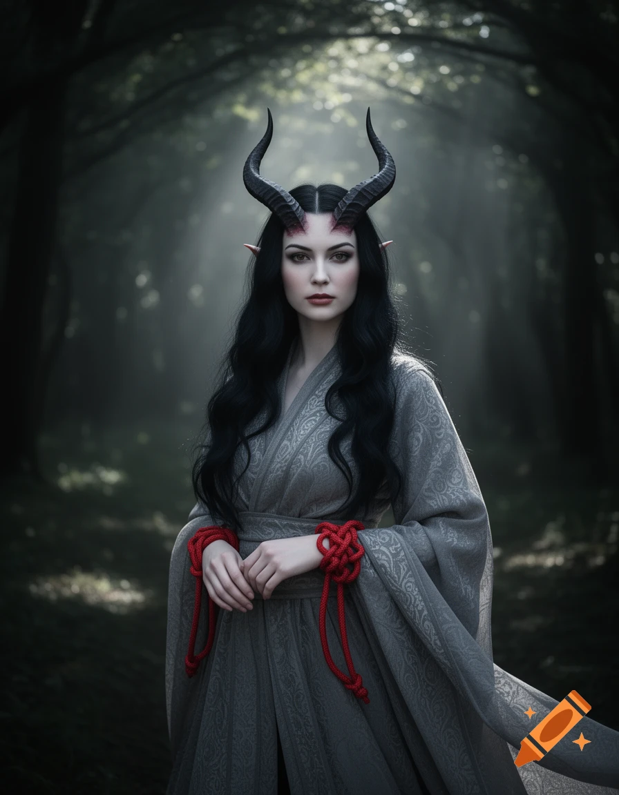 A photorealistic portrait of a fair-skinned tiefling woman with black horns, long black hair, and pointed ears, wearing a grey robe with red wrist cords, standing in a misty forest.