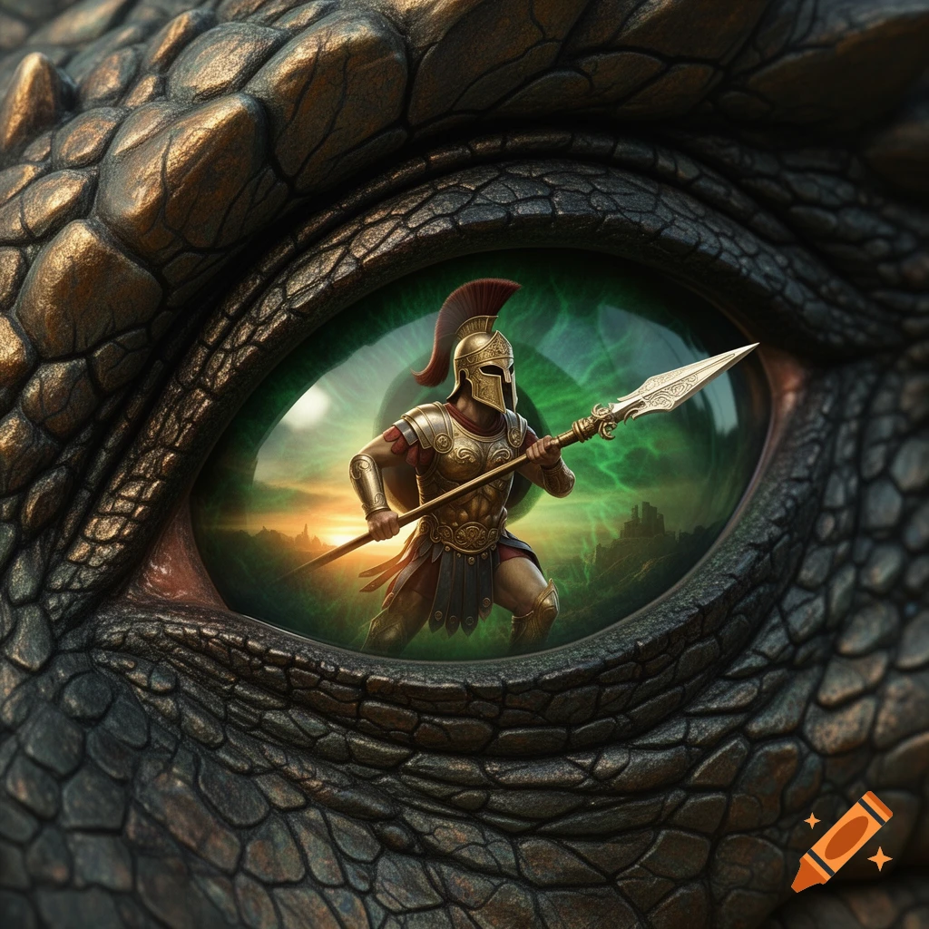 A close-up of a dragon's scaly eye, reflecting a golden armored Greek warrior holding a spear amidst a green and orange landscape.