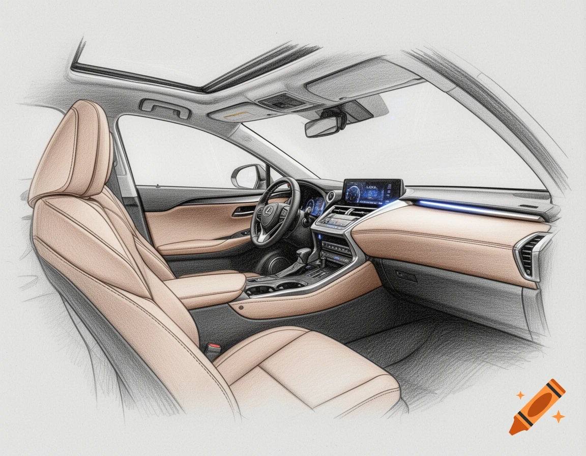 Sketch illustration of a Lexus NX 300h car interior, featuring tan leather seats and a digital dashboard.