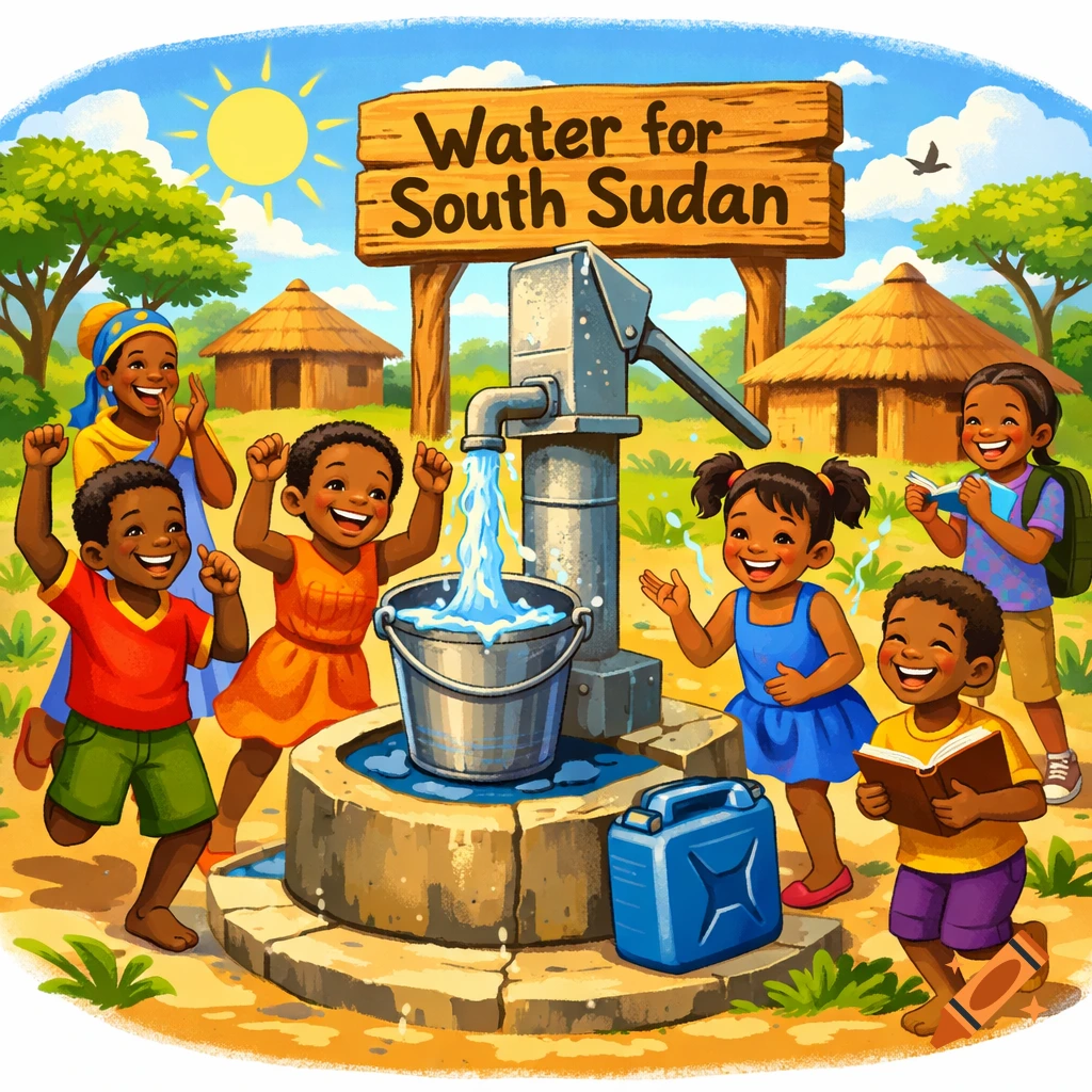 Smiling cartoon children and an adult celebrate clean water from a pump in a sunny South Sudan village.