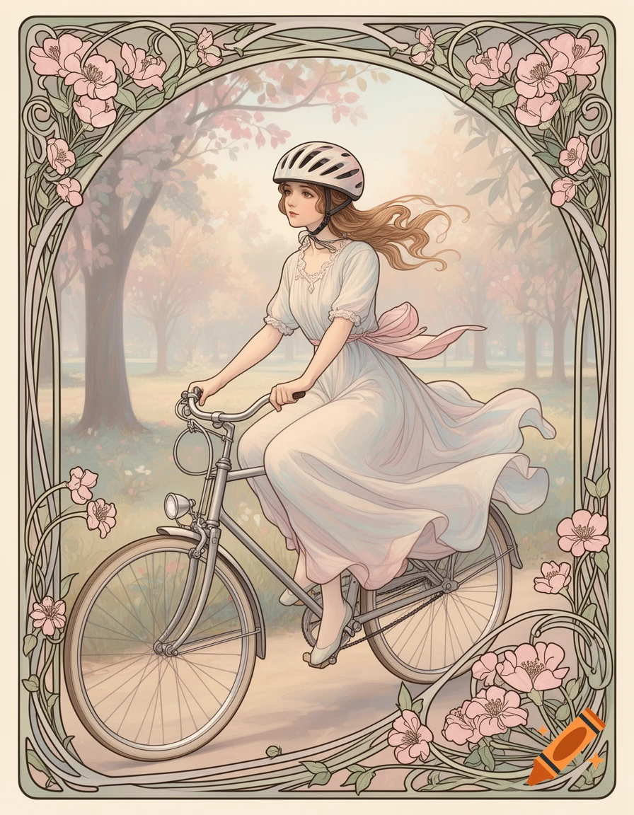 A young woman in a white dress and helmet rides a bicycle through a park, framed by a pastel Art Nouveau floral border.