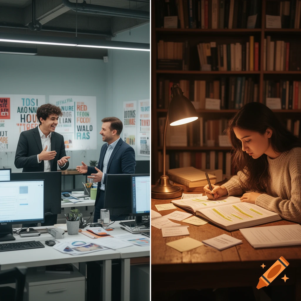 Two side-by-side images. Left: Two men in suits talk in a modern office with posters. Right: A woman studies at a wooden desk with a lamp and books.