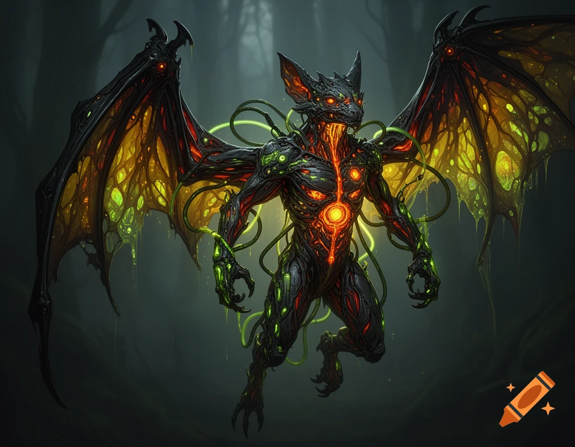 A biopunk bat creature with dark skin, glowing red, orange, and green bioluminescence, and large organic wings stands in a misty forest.