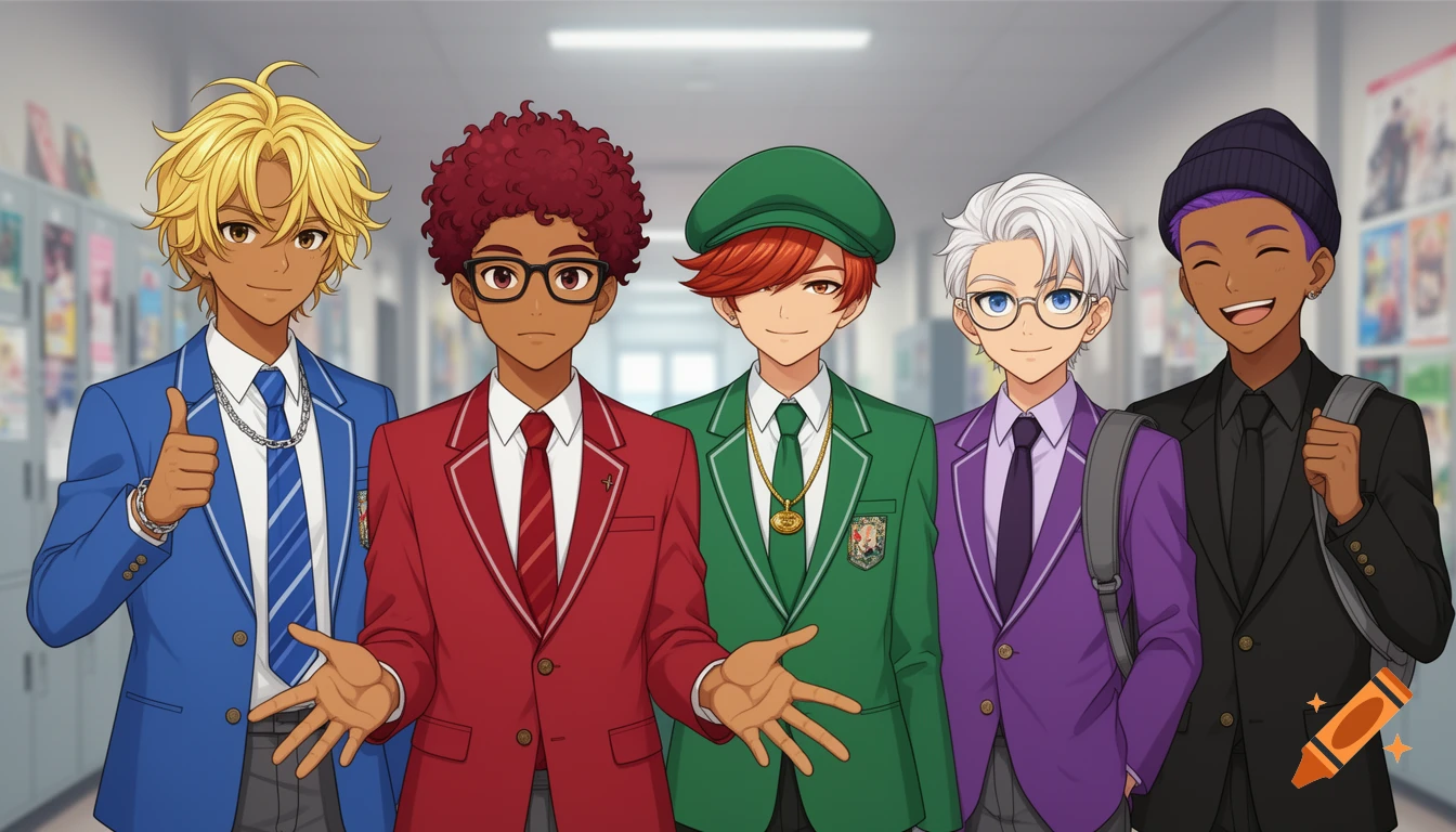 Five diverse anime teenage boys in modern school uniforms stand in a bright hallway, smiling and posing.