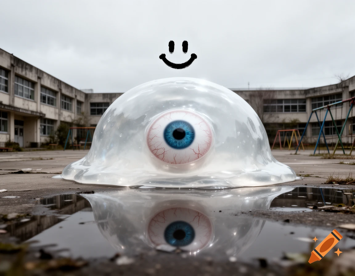 A giant, translucent white jelly-like mass with a large blue eyeball sits in an abandoned schoolyard, topped with a hand-drawn black smiley face. Photorealistic style.