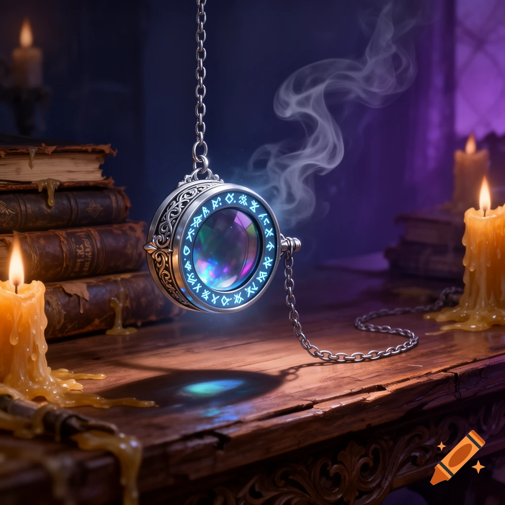 An ornate, glowing silver monocle with magical symbols hangs over a dark wooden table, illuminated by melting candles and old books, with smoke curling in the air.