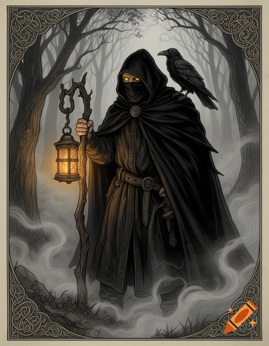 A mysterious cloaked figure with glowing yellow eyes holds a lantern on ...