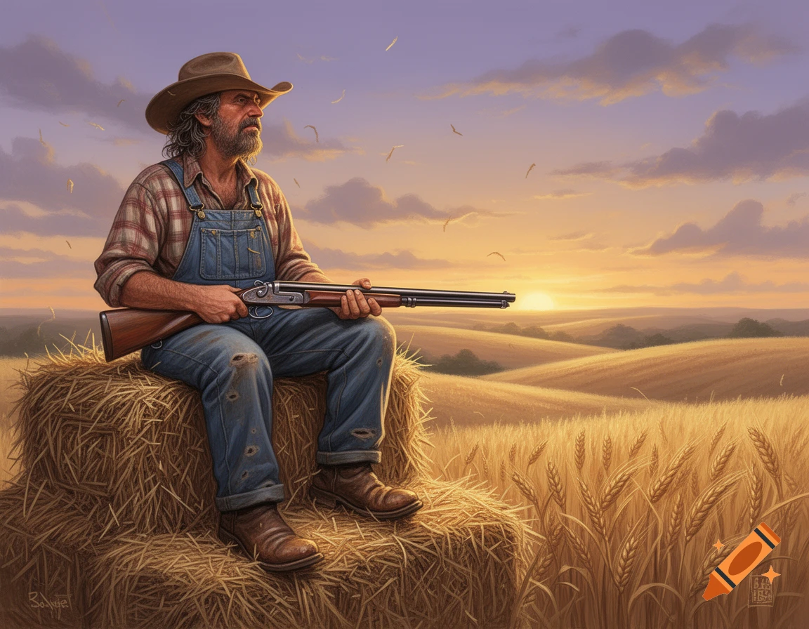 A grizzled cowboy in overalls sits on a hay bale, holding a shotgun, in a golden wheat field at sunset.