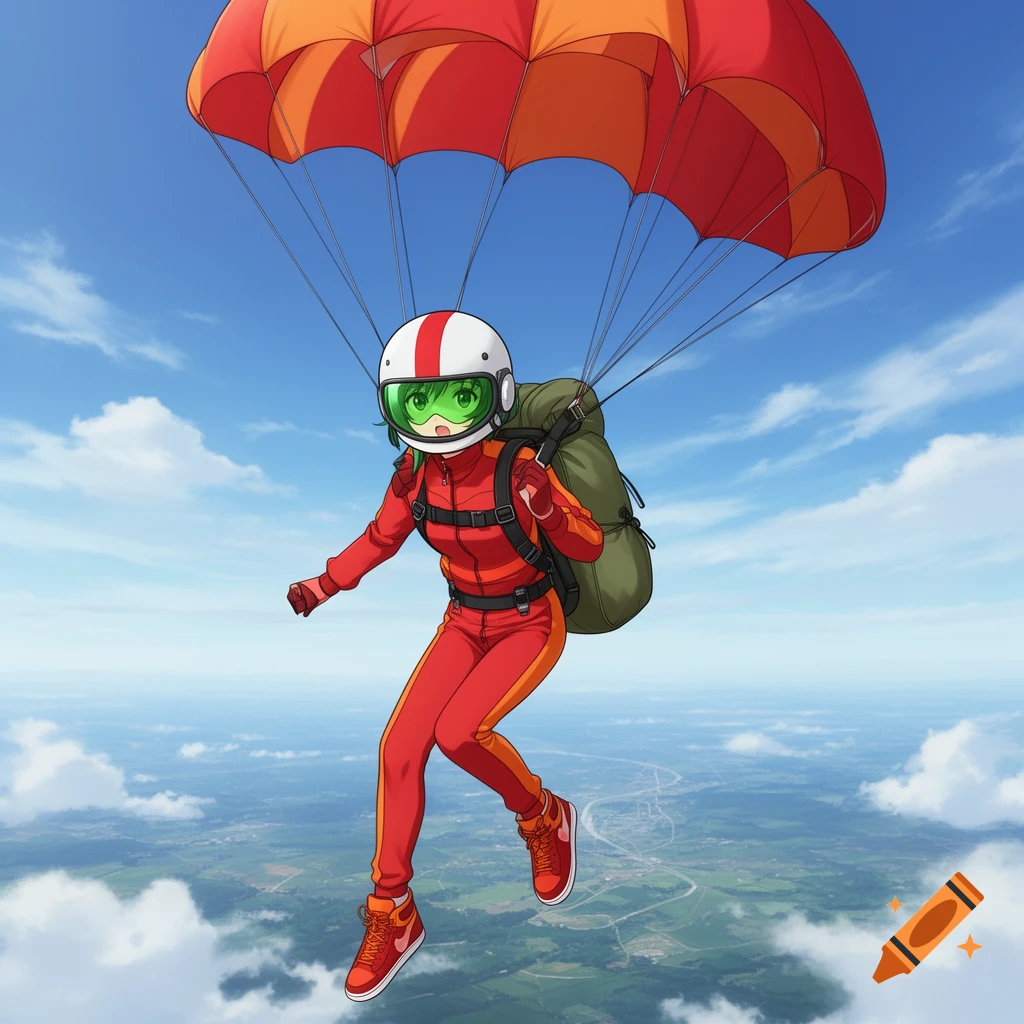 Anime girl in a red and orange tracksuit and white helmet skydiving with a red and orange parachute over a landscape.