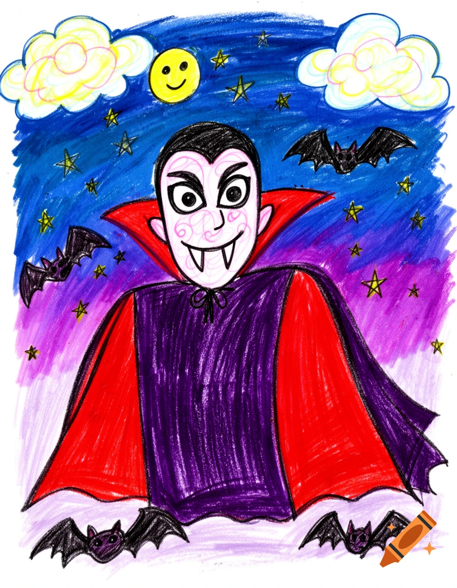 A crayon drawing by a child depicts a vampire with fangs, red and purple cape, bats, and a smiling moon under a starry night sky.