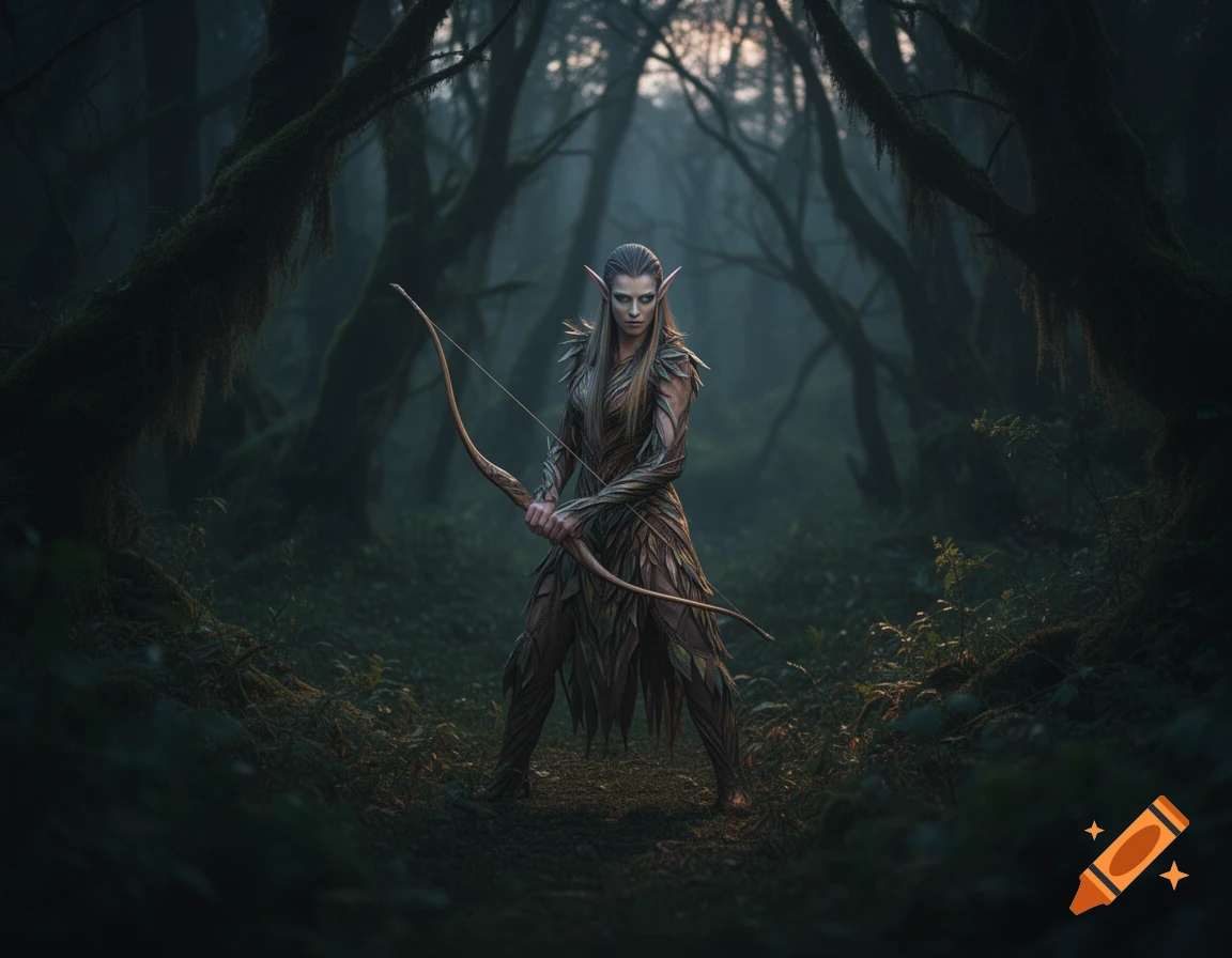 A determined elf with a bow stands ready in a dark, misty forest at dusk.