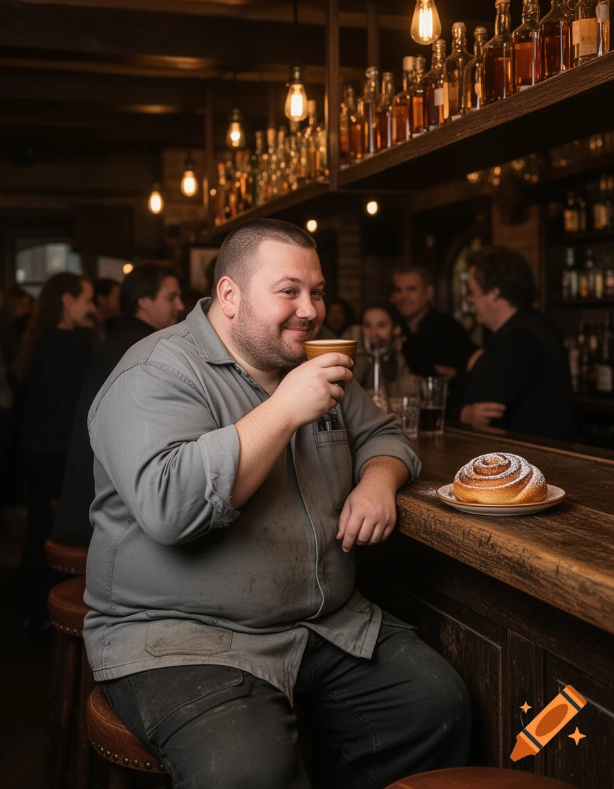 A smiling man sits at a dark wood bar, drinking from a cup with a cinnamon roll beside him, in a dimly lit bar.