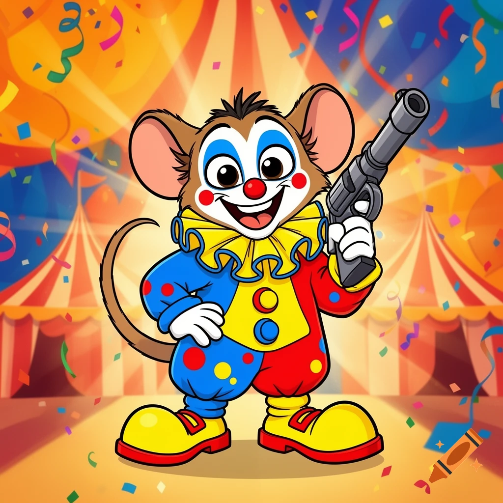A playful 2D cartoon illustration of a mouse in a colorful clown costume with a ruffled collar and oversized shoes, holding a toy gun, standing in a vibrant circus tent with confetti.
