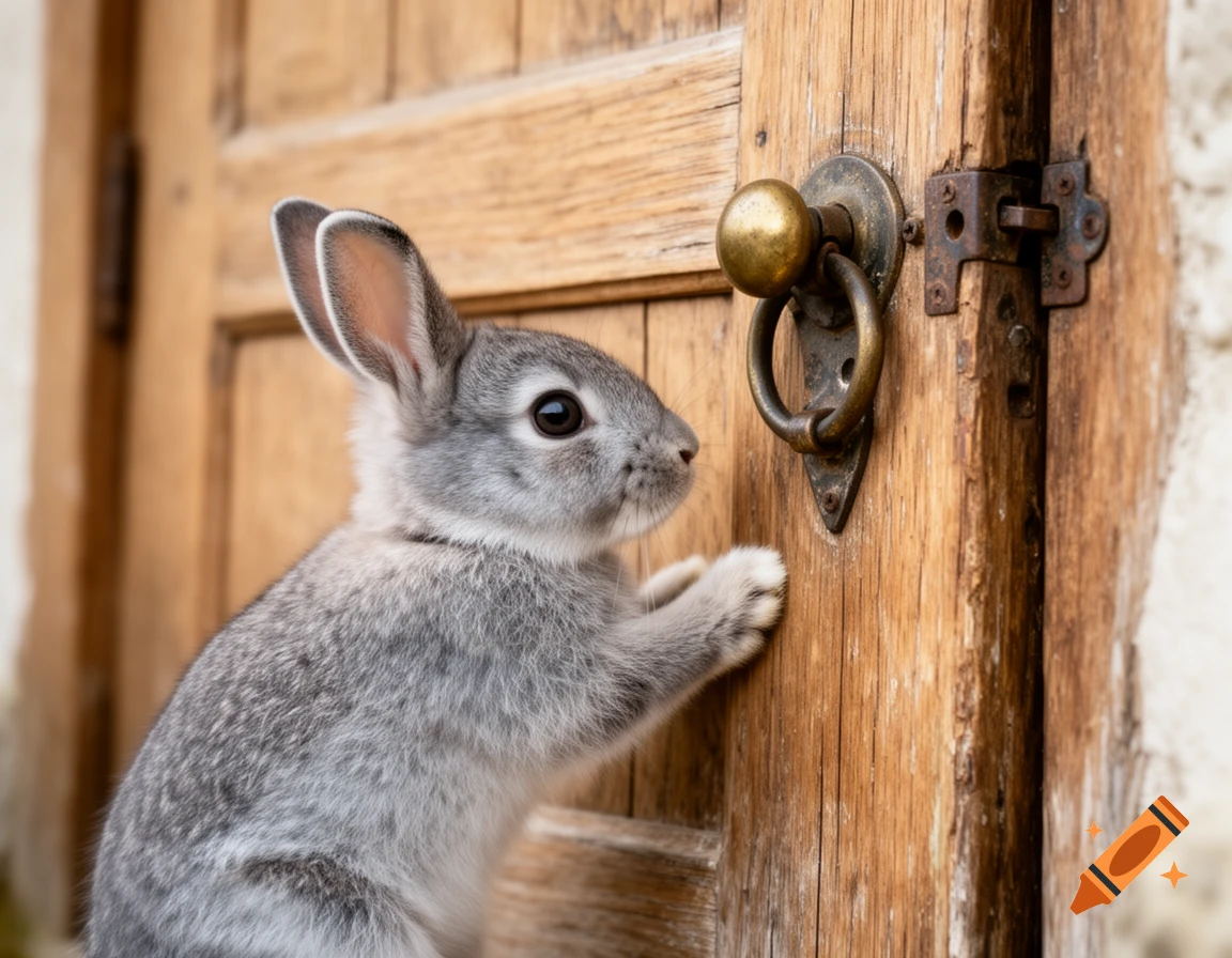 A grey rabbit stands on its hind legs, with its paws on a rustic wooden door next to a brass doorknob.
