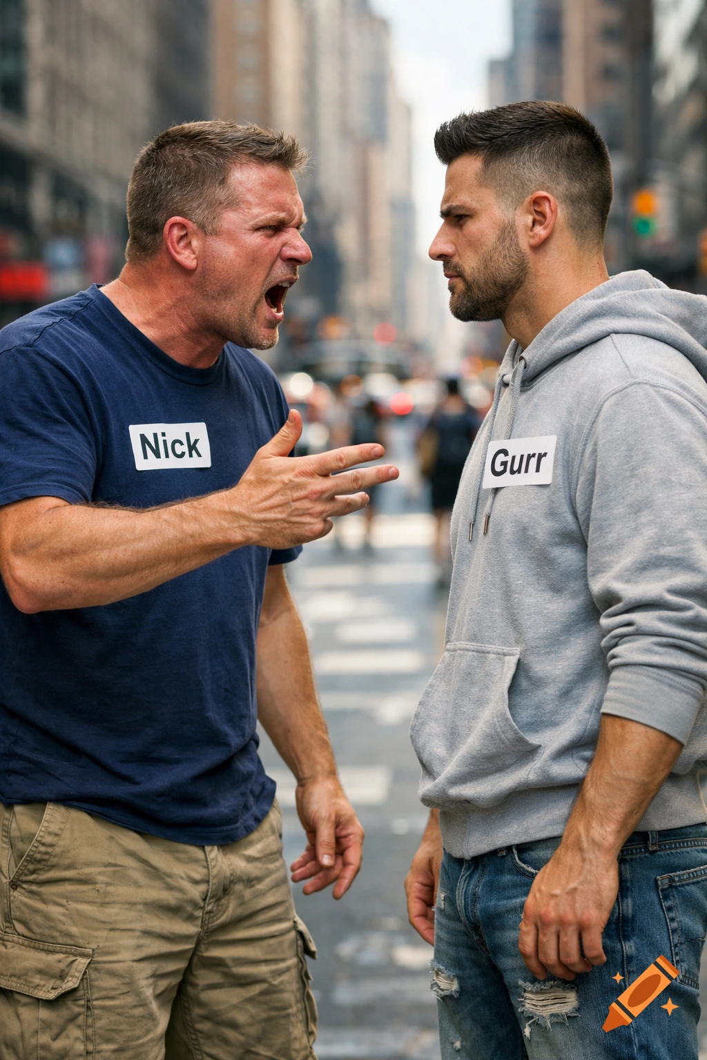 A man named Nick shouts at a man named Gurr on a city street, both wearing name tags.