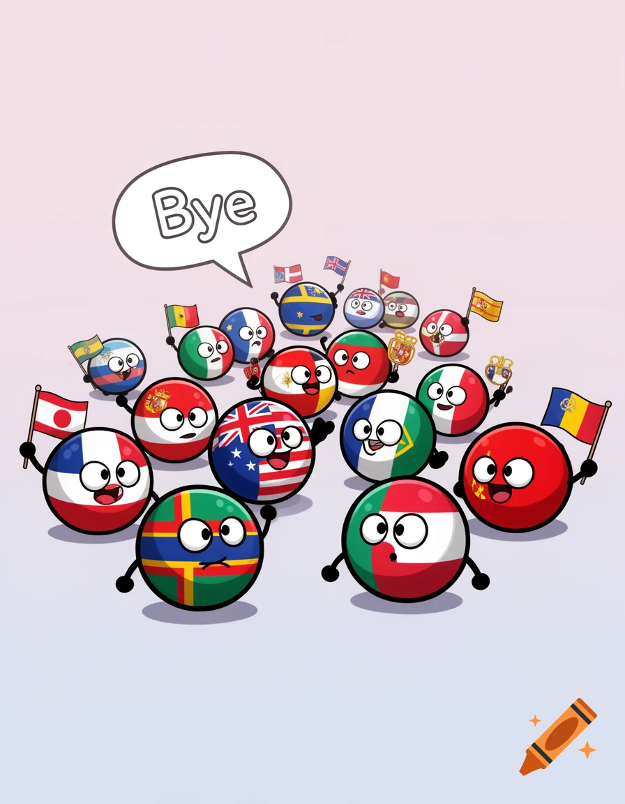 A group of cartoon countryballs with various national flags, some waving, and one with a speech bubble saying 'Bye'.