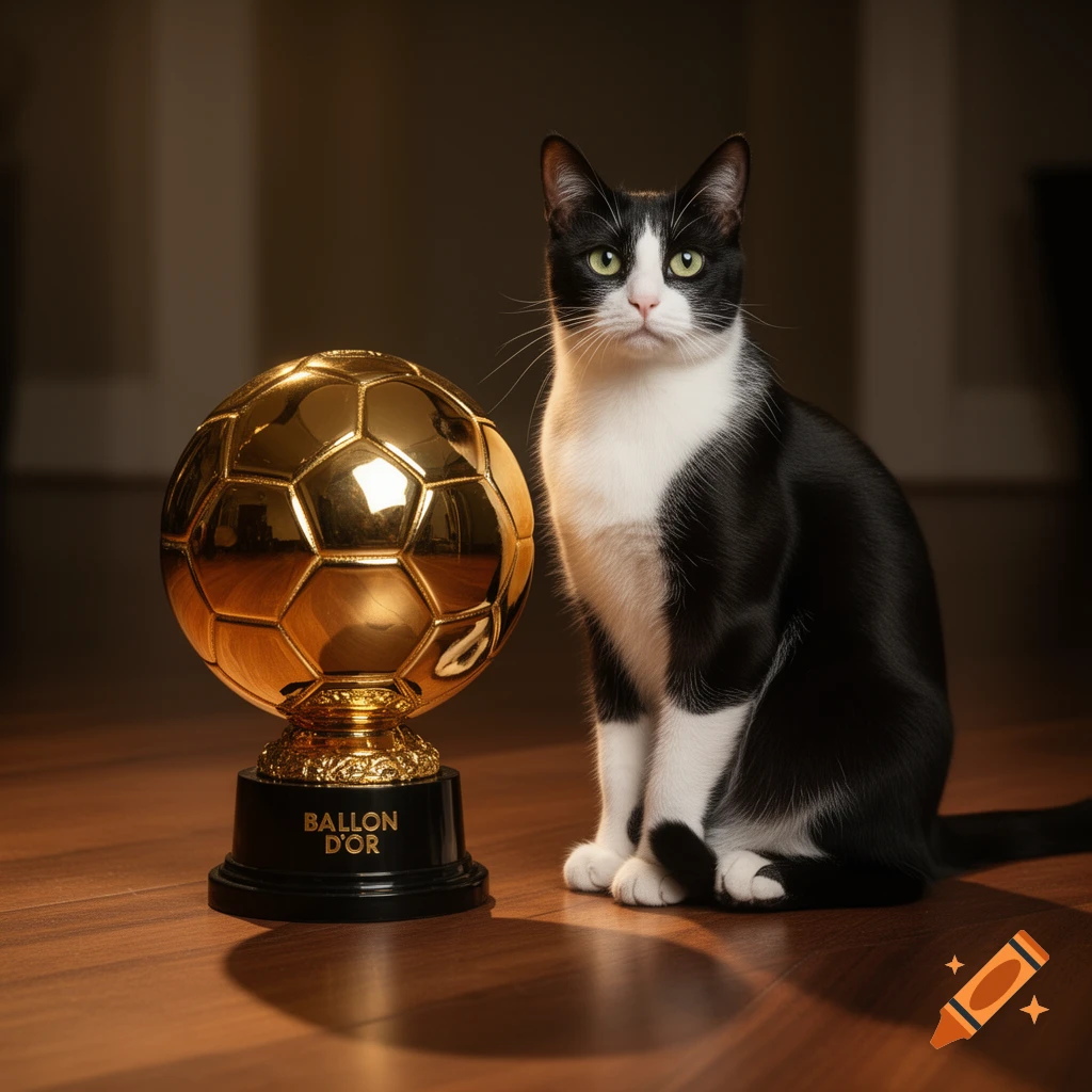 A photorealistic image of a black and white cat sitting next to a golden Ballon d'Or trophy on a wooden floor.