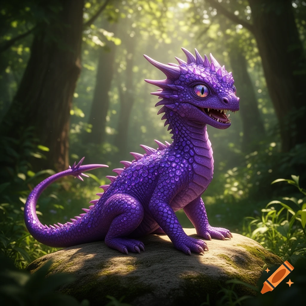 A vibrant purple baby dragon with scales and spikes sits on a mossy rock in a sun-dappled forest.
