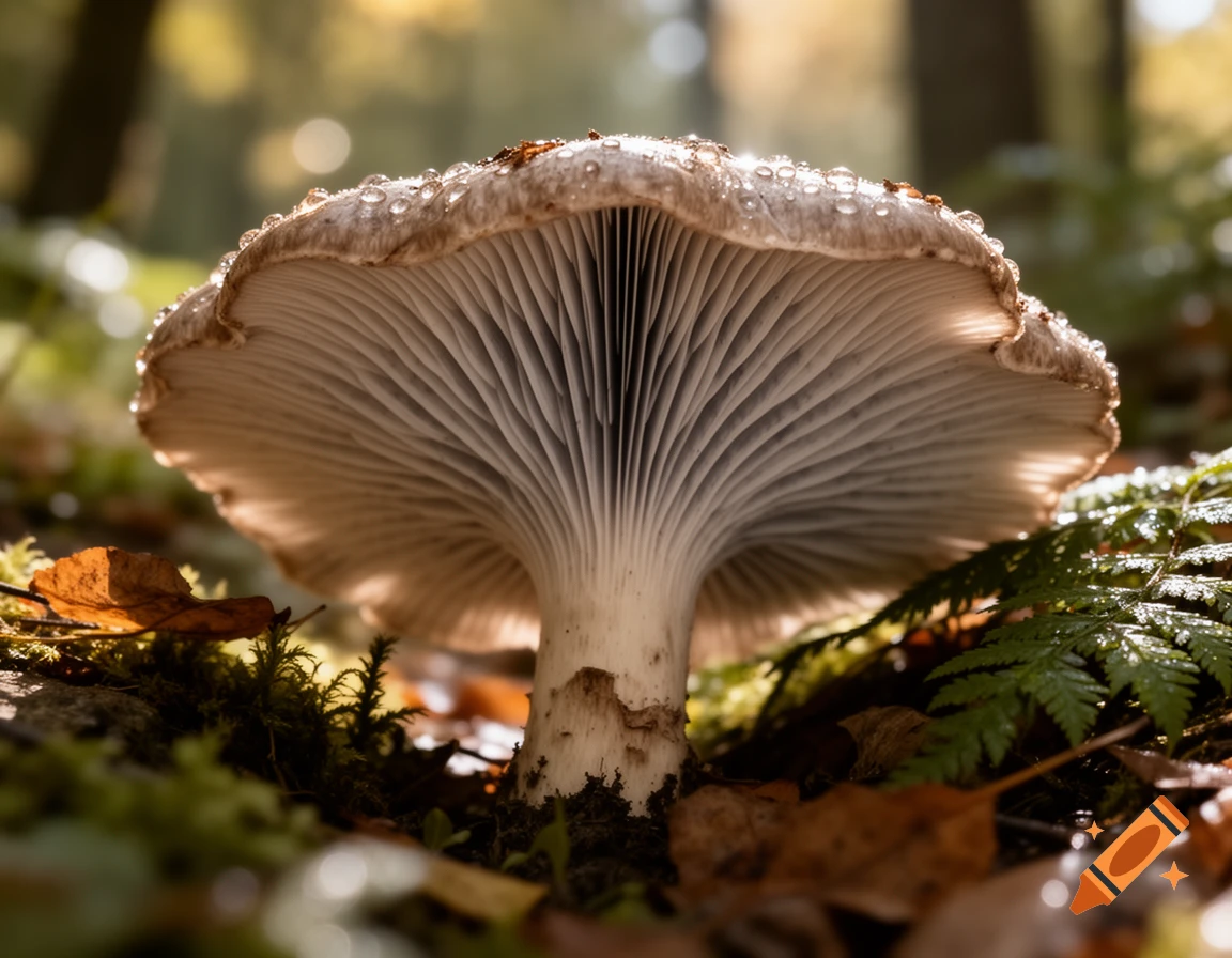A close-up, low-angle shot of a mushroom with water droplets on its cap, surrounded by moss and leaves in a sunny forest.