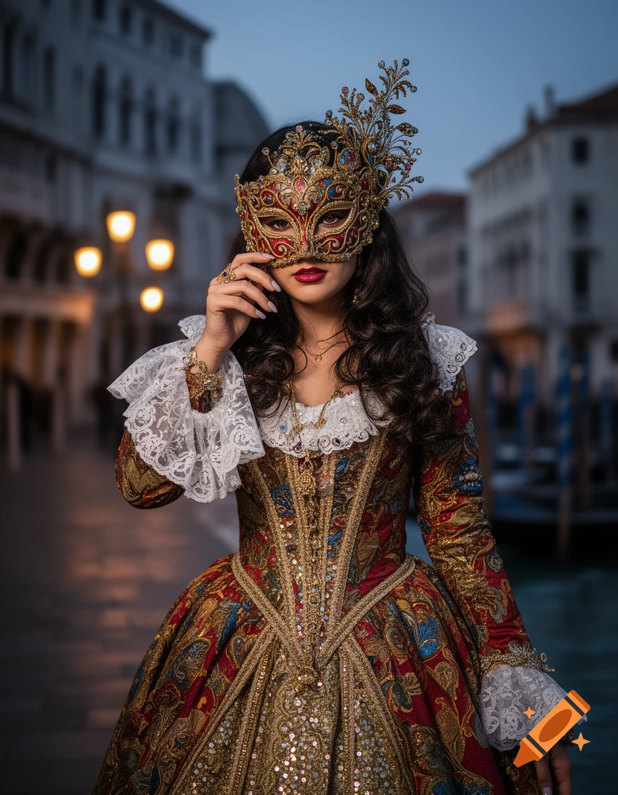 Photorealistic portrait of a woman in an elaborate Venetian carnival mask and ornate historical costume, standing on a street in Venice.