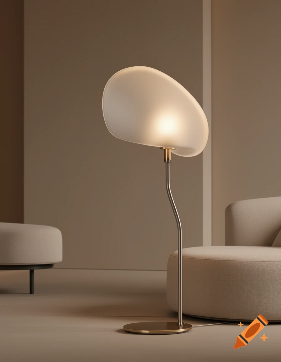 A modern floor lamp with a matte white, organic-shaped shade and a curved silver stand on a brass base in a neutral-toned room.