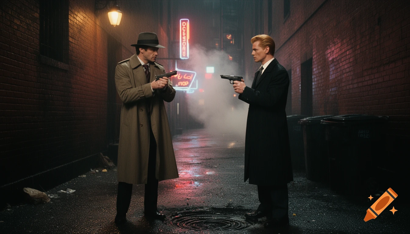 Two men resembling Hugh Jackman and David Bowie in trench coats point guns at each other in a dimly lit, rainy alley, reminiscent of film noir.