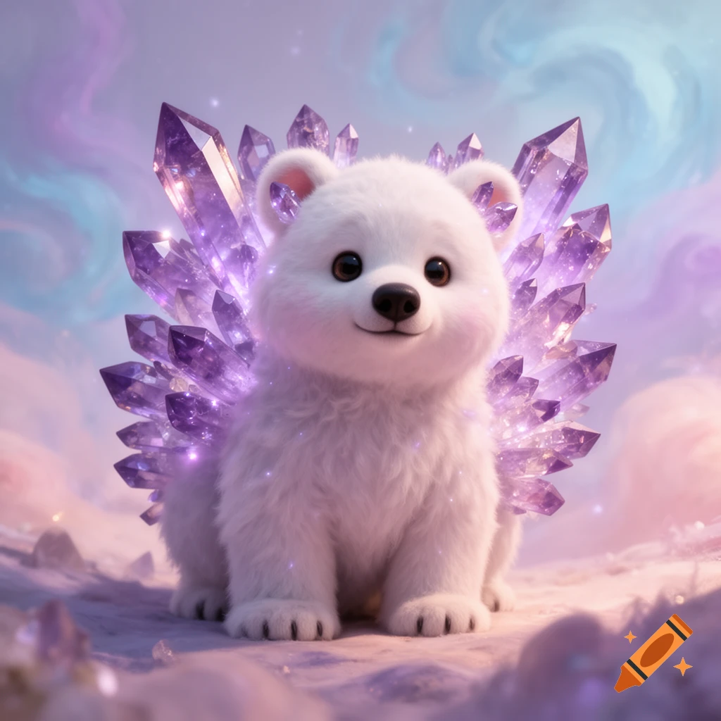 A cute, fluffy white bear with glowing purple amethyst crystals on its back and ears in a magical, pastel fantasy landscape, 3D art.