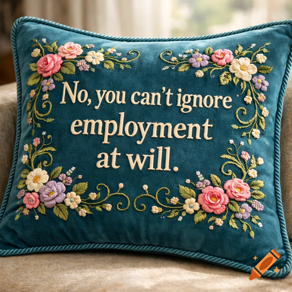 A teal velvet pillow with elaborate floral embroidery around the phrase "No, you can't ignore employment at will" in raised text.