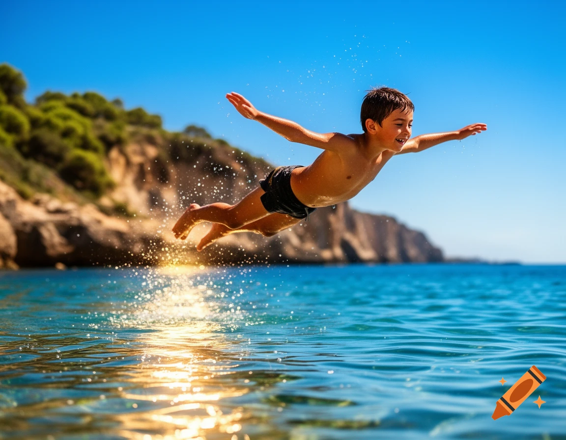 A boy with outstretched arms and legs jumps into the clear blue ocean under a bright sunny sky, creating splashes.