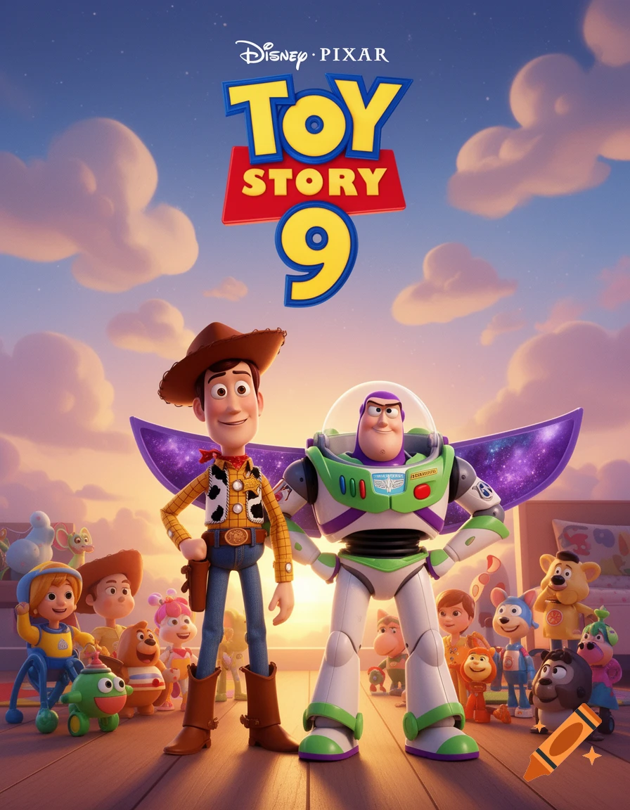 Animated movie poster for 'Toy Story 9' featuring Woody, Buzz Lightyear, and other characters against a sunset sky.