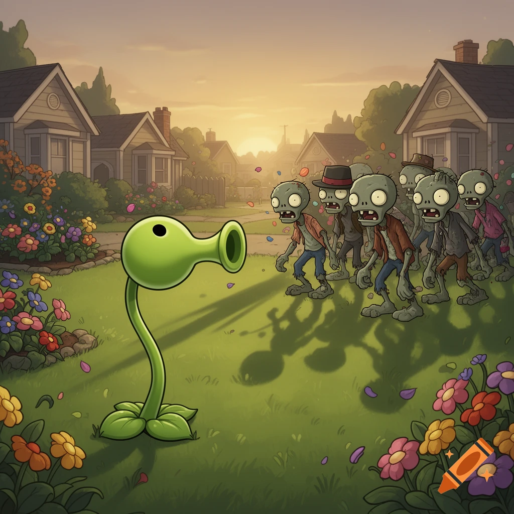A Peashooter plant faces a group of cartoon zombies in a suburban front yard at sunset, inspired by Plants vs. Zombies.