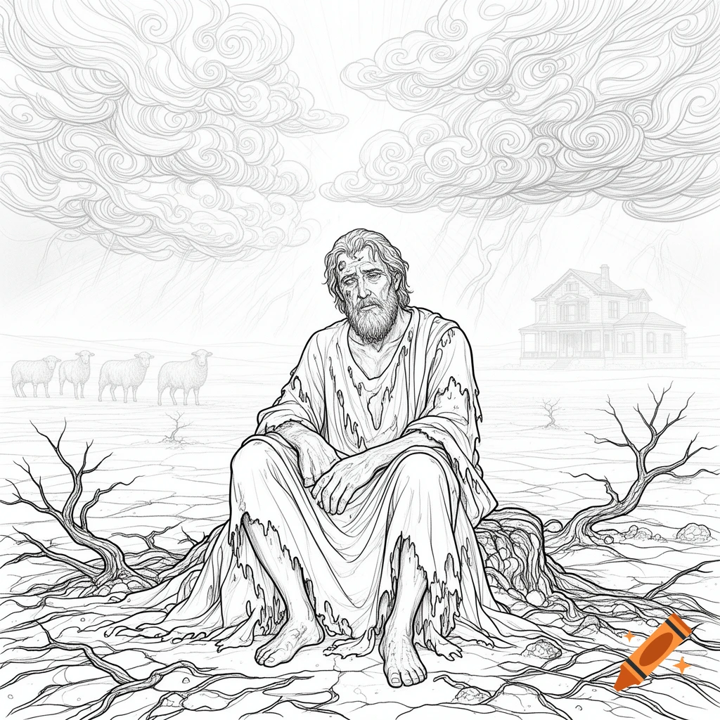 Black and white line art of a distressed bearded man in tattered robes sitting in a barren, cracked landscape under a stormy sky. Sheep and a house are in the background.