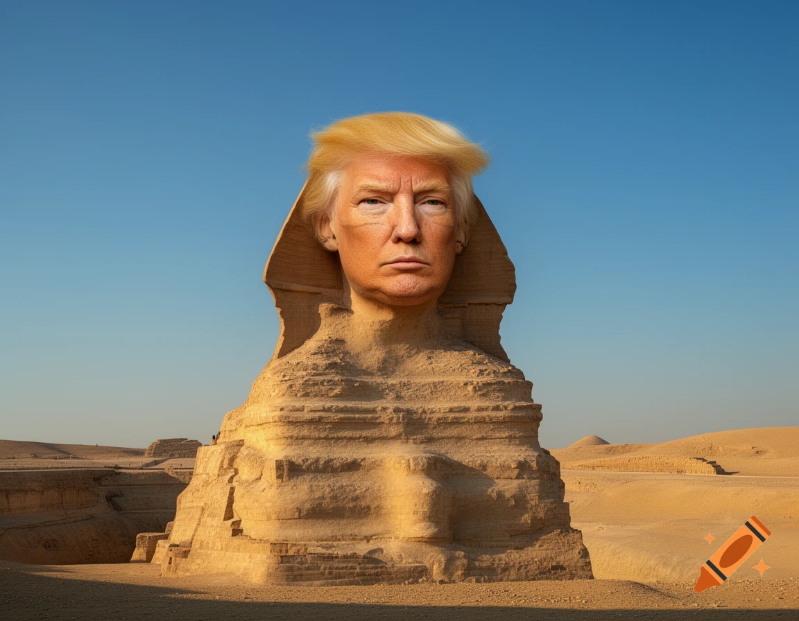 Photorealistic Great Sphinx of Giza with Donald Trump's face and blond hair in a desert.