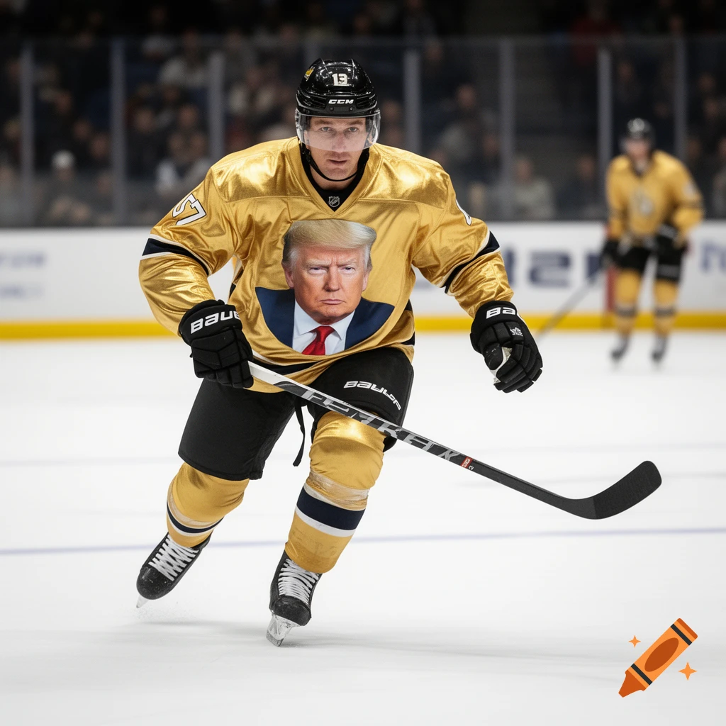 A photorealistic image of a hockey player in a gold jersey with Donald Trump's face on the front, skating on ice.
