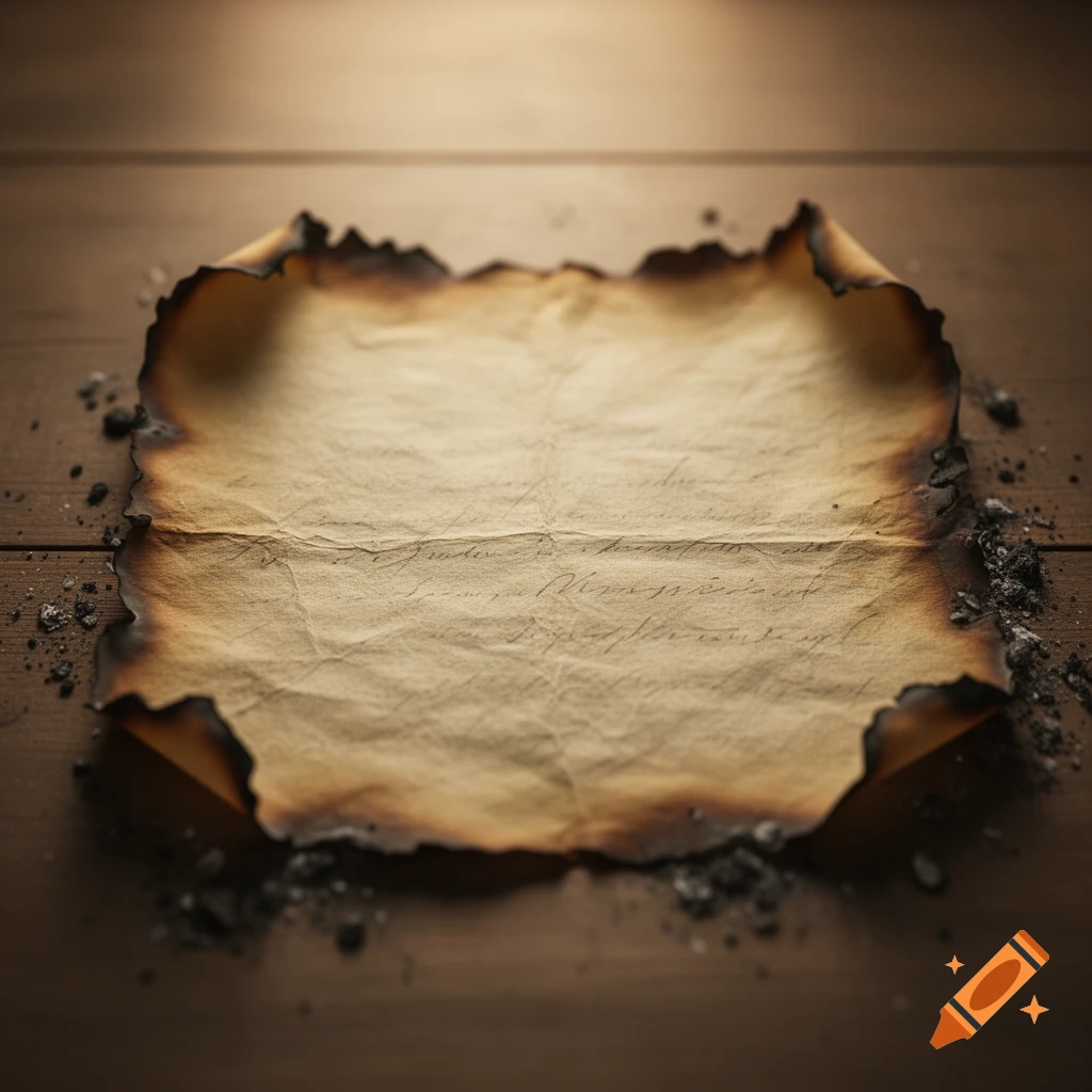 A textured, burnt parchment with faded writing lies on a dark wooden table, surrounded by ash.
