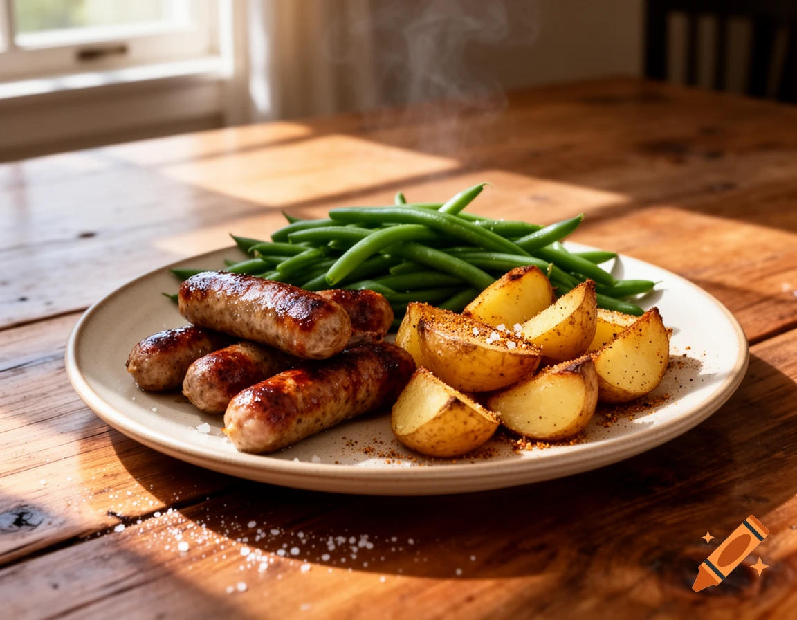 Photorealistic image of a plate with roasted sausages, seasoned potatoes, and green beans on a wooden table.