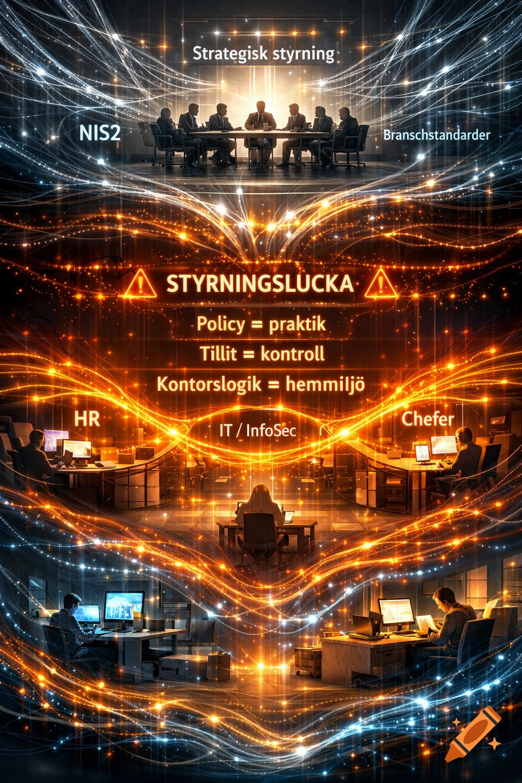 A futuristic, glowing diagram illustrating cybersecurity flow through an organization, from strategic governance to operational practice, highlighting a 'governance gap' with text overlays.
