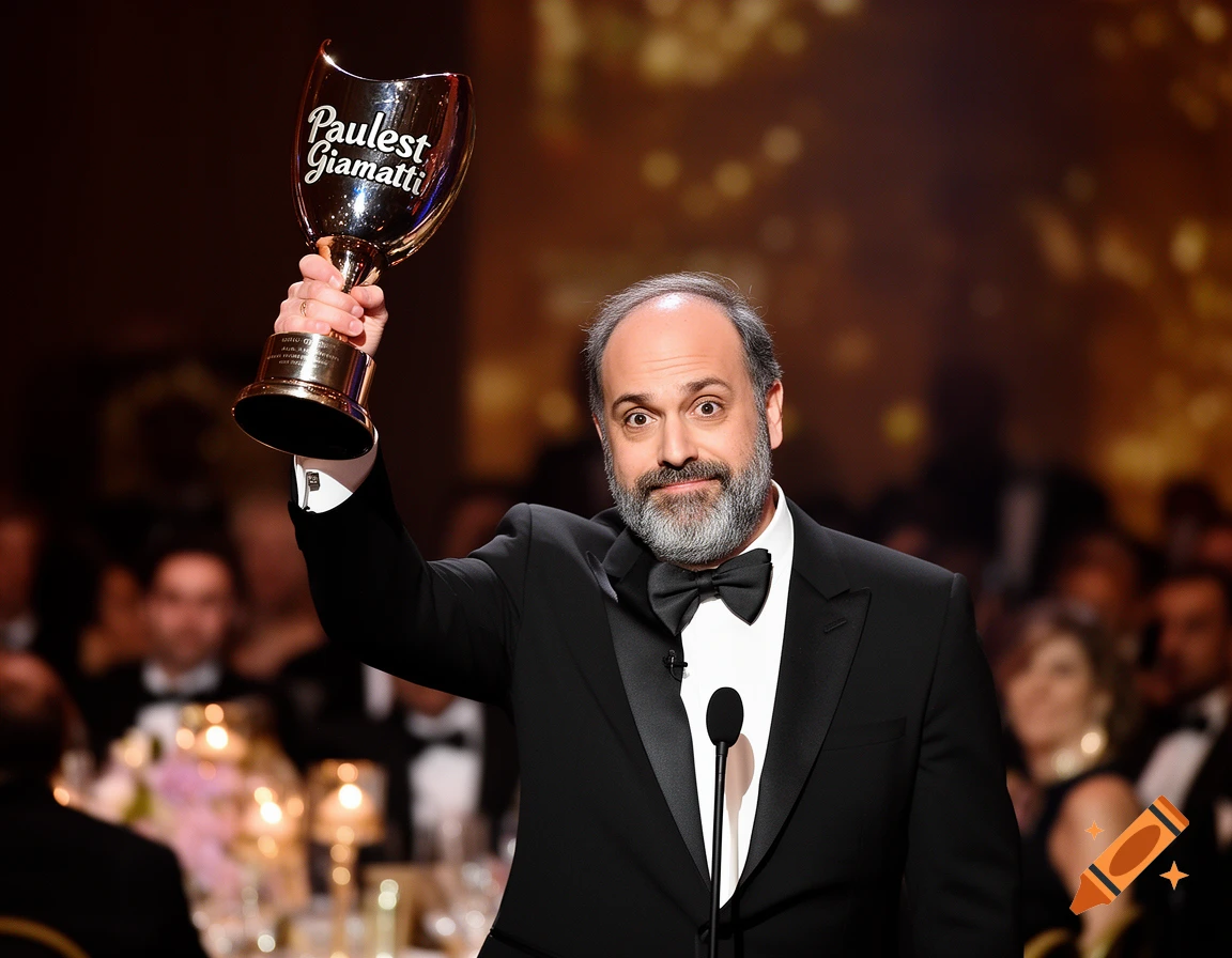 Paul Giamatti smiles, holding up a golden 'Paulest Giamatti' trophy at an awards ceremony, wearing a tuxedo.